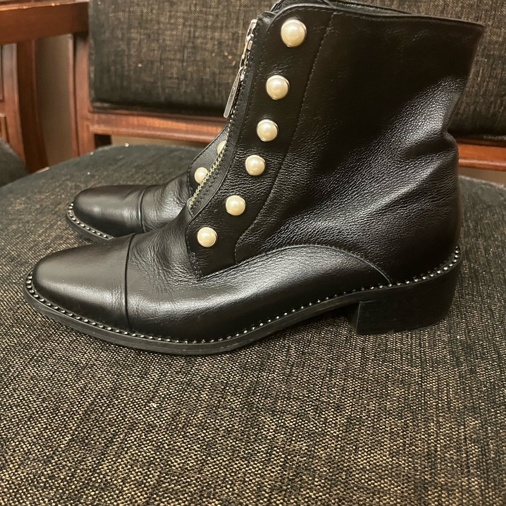 Black Leather Booties w/ Pearls